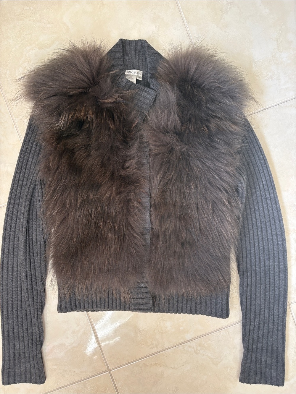 Worth Gray Ribbed Wool Cardigan with Fur Trim Small